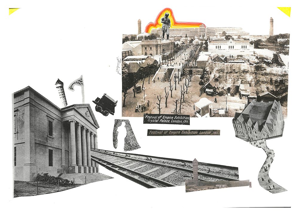 Photo of a collage created by the Art Assassins using old black and white photos from the 1911 Festival of Empire taken from Wikipedia. They have added some colour felt tip and bits of text.