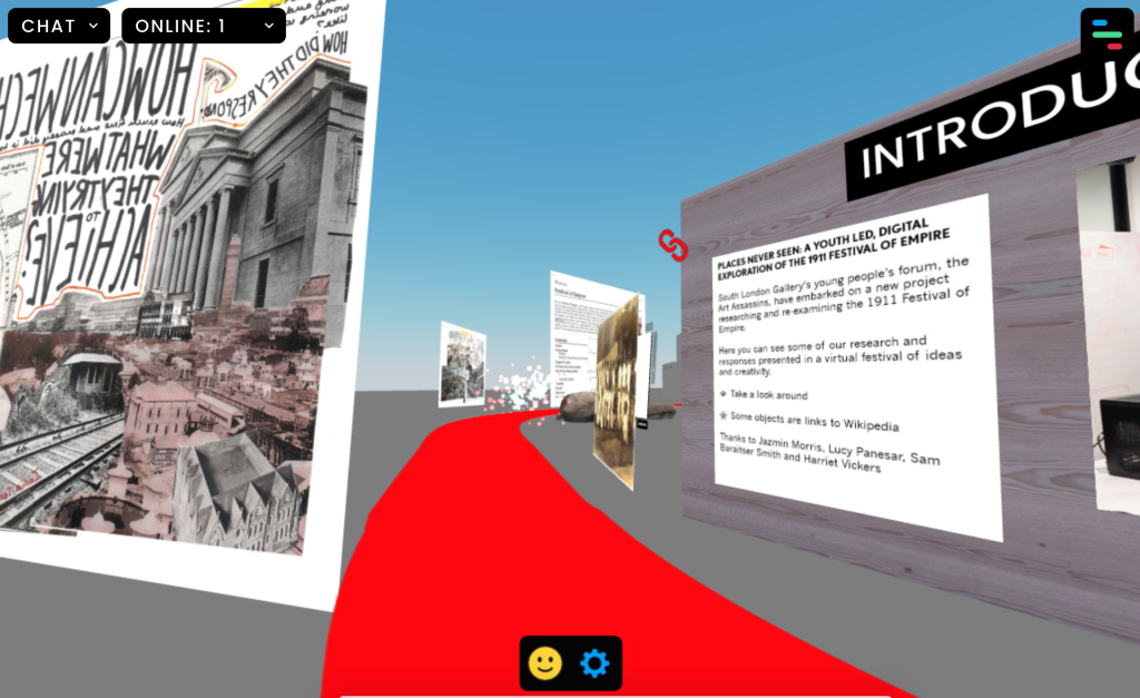 Screenshot of a virtual landscape, with a bright red path in the middle, along the side of which are archival images and some text from the project.